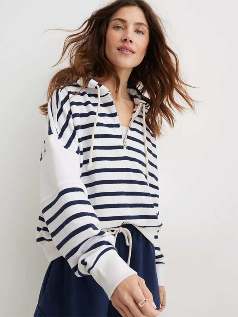 Aerie Navy Blue and White Restart Quarter Zip Hoodie Sweatshirt - Women's Medium